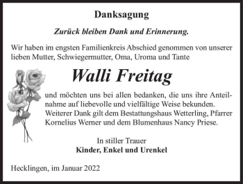Traueranzeige von Walli Freitag  von Magdeburger Volksstimme