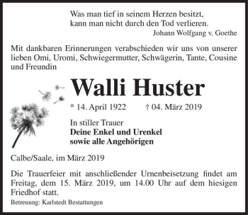 Traueranzeige von Walli Huster  von Magdeburger Volksstimme