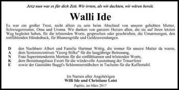 Traueranzeige von Walli Ide  von Magdeburger Volksstimme