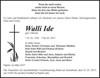 Traueranzeige von Walli Ide (geb. Ulbricht)  von Magdeburger Volksstimme