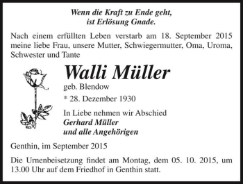 Traueranzeige von Walli Müller (geb. Blendow)  von Magdeburger Volksstimme