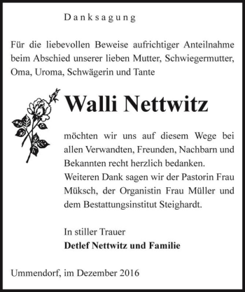 Traueranzeige von Walli Nettwitz  von Magdeburger Volksstimme