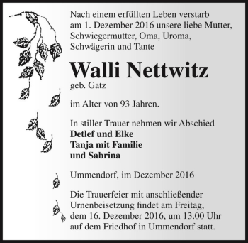 Traueranzeige von Walli Nettwitz (geb. Gatz)  von Magdeburger Volksstimme