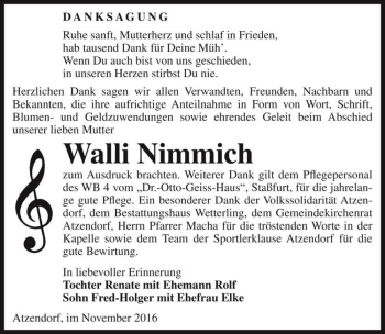 Traueranzeige von Walli Nimmich  von Magdeburger Volksstimme