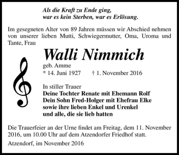 Traueranzeige von Walli Nimmich (geb. Amme)  von Magdeburger Volksstimme