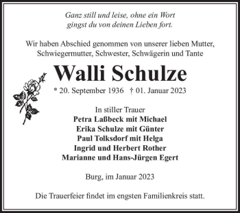 Traueranzeige von Walli Schulze  von Magdeburger Volksstimme