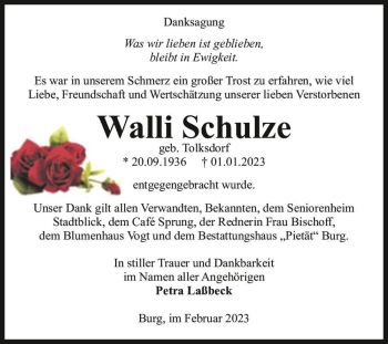 Traueranzeige von Walli Schulze (geb. Tolksdorf)  von Magdeburger Volksstimme
