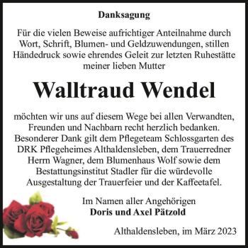 Traueranzeige von Walltraud Wendel  von Magdeburger Volksstimme