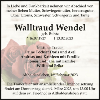 Traueranzeige von Walltraud Wendel (geb. Buhtz)  von Magdeburger Volksstimme