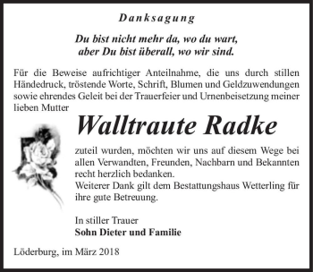 Traueranzeige von Walltraute Radke  von Magdeburger Volksstimme