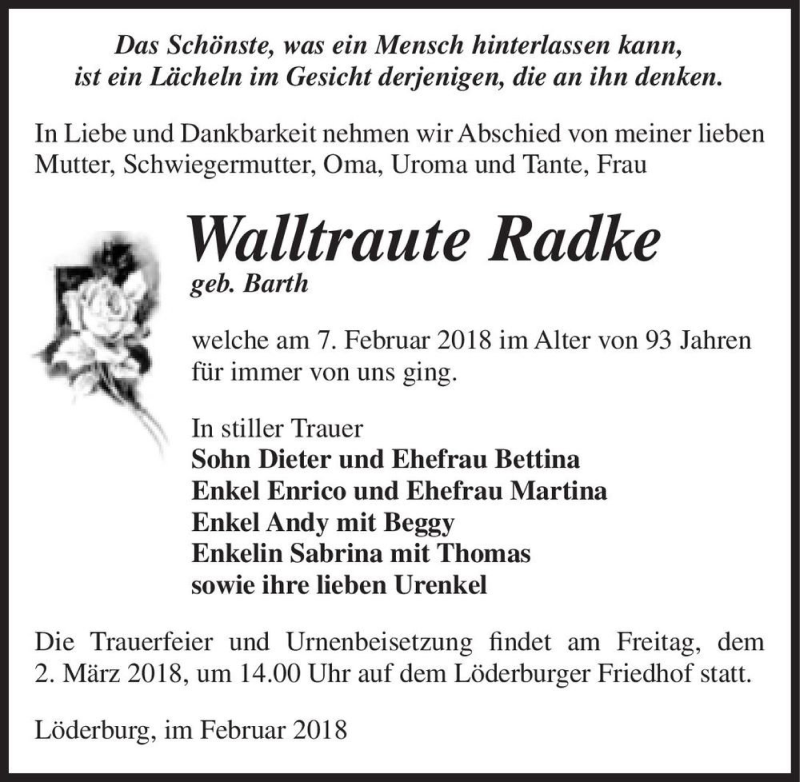  Traueranzeige für Walltraute Radke (geb. Barth)  vom 10.02.2018 aus Magdeburger Volksstimme