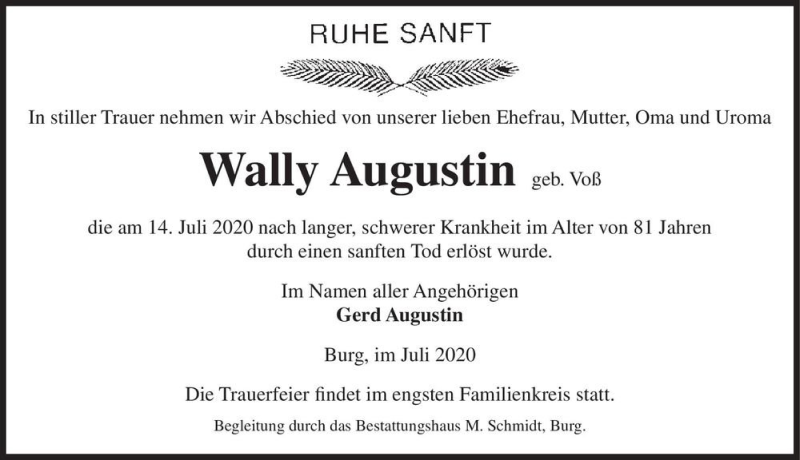 Traueranzeige für Wally Augustin (geb. Voß)  vom 18.07.2020 aus Magdeburger Volksstimme