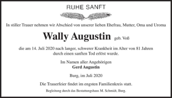 Traueranzeige von Wally Augustin (geb. Voß)  von Magdeburger Volksstimme