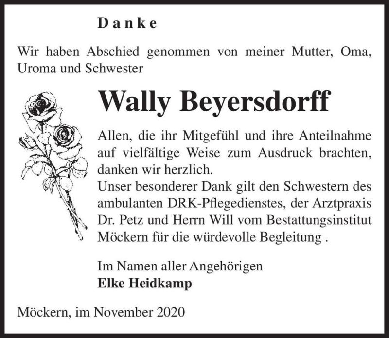  Traueranzeige für Wally Beyersdorff  vom 21.11.2020 aus Magdeburger Volksstimme