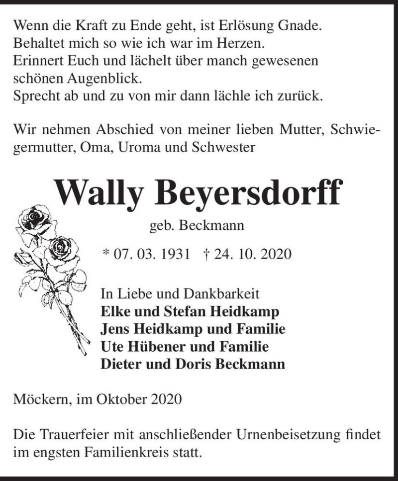  Traueranzeige für Wally Beyersdorff (geb. Beckmann)  vom 30.10.2020 aus Magdeburger Volksstimme