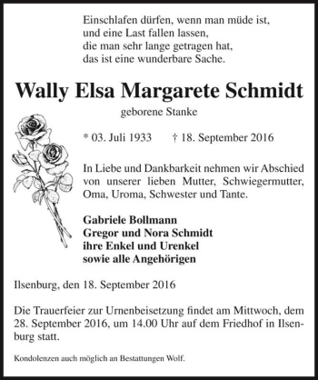 Traueranzeige von Wally Elsa Margarete Schmidt (geb. Stanke)  von Magdeburger Volksstimme