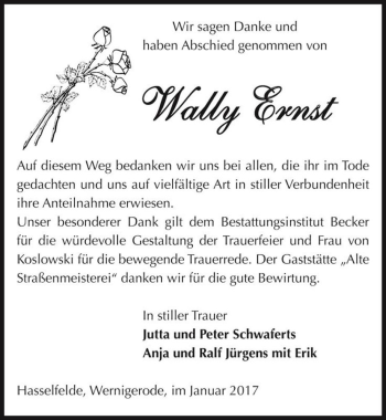 Traueranzeige von Wally Ernst  von Magdeburger Volksstimme