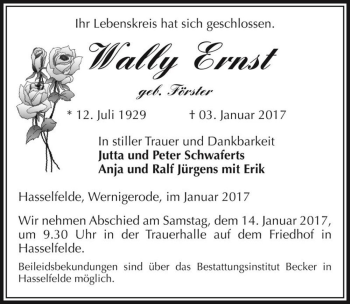 Traueranzeige von Wally Ernst (geb. Förster)  von Magdeburger Volksstimme