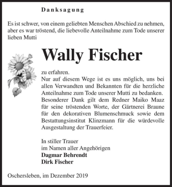 Traueranzeige von Wally Fischer  von Magdeburger Volksstimme