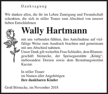 Traueranzeige von Wally Hartmann  von Magdeburger Volksstimme