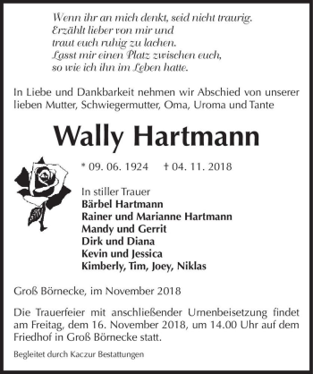 Traueranzeige von Wally Hartmann  von Magdeburger Volksstimme