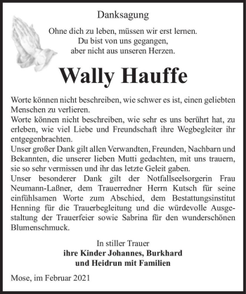 Traueranzeige von Wally Hauffe  von Magdeburger Volksstimme