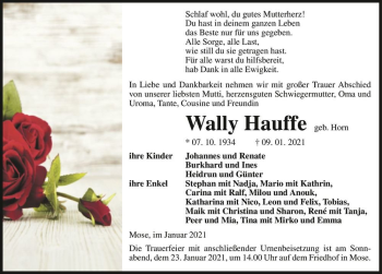 Traueranzeige von Wally Hauffe (geb. Horn)  von Magdeburger Volksstimme