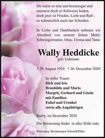 Traueranzeige von Wally Heddicke (geb. Lehmann)  von Magdeburger Volksstimme