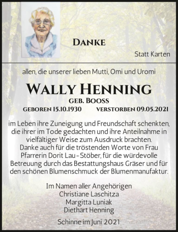 Traueranzeige von Wally Henning (geb. Booss)  von Magdeburger Volksstimme