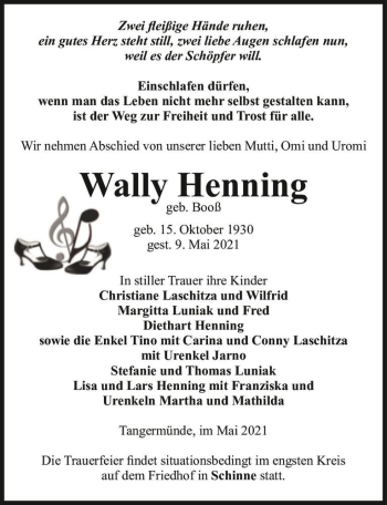 Traueranzeige von Wally Henning (geb. Booß)  von Magdeburger Volksstimme