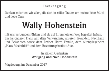 Traueranzeige von Wally Hohenstein  von Magdeburger Volksstimme