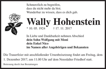 Traueranzeige von Wally Hohenstein  von Magdeburger Volksstimme