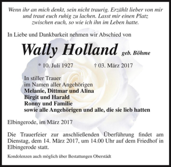 Traueranzeige von Wally Holland (geb. Böhme)  von Magdeburger Volksstimme