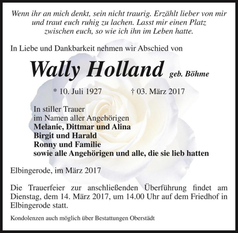 Traueranzeige für Wally Holland (geb. Böhme)  vom 08.03.2017 aus Magdeburger Volksstimme