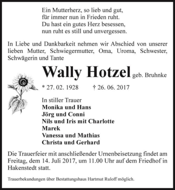Traueranzeige von Wally Hotzel (geb. Bruhnke)  von Magdeburger Volksstimme