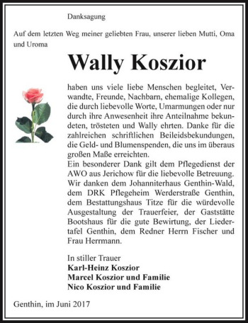 Traueranzeige von Wally Koszior  von Magdeburger Volksstimme