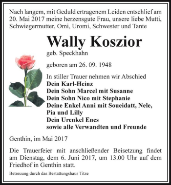 Traueranzeige von Wally Koszior (geb. Speckhahn)  von Magdeburger Volksstimme