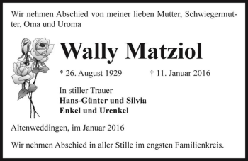 Traueranzeige von Wally Matziol  von Magdeburger Volksstimme