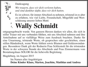 Traueranzeige von Wally Schmidt  von Magdeburger Volksstimme