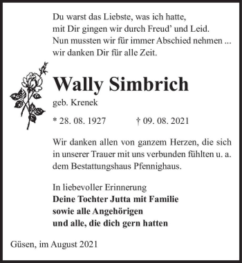Traueranzeige von Wally Simbrich (geb. Krenek)  von Magdeburger Volksstimme