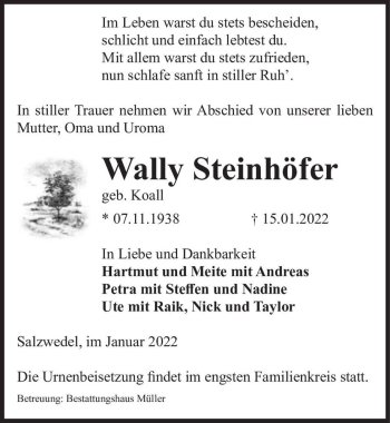 Traueranzeige von Wally Steinhöfer (geb. Koall)  von Magdeburger Volksstimme