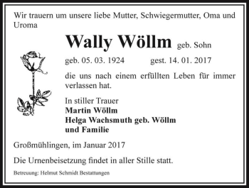 Traueranzeige von Wally Wöllm (geb. Sohn)  von Magdeburger Volksstimme