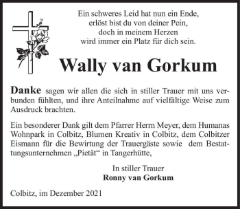 Traueranzeige von Wally van Gorkum  von Magdeburger Volksstimme