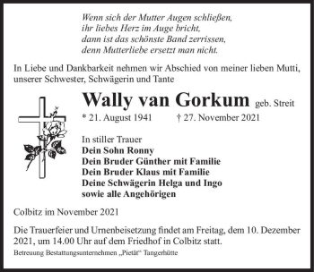 Traueranzeige von Wally van Gorkum (geb. Streit)  von Magdeburger Volksstimme