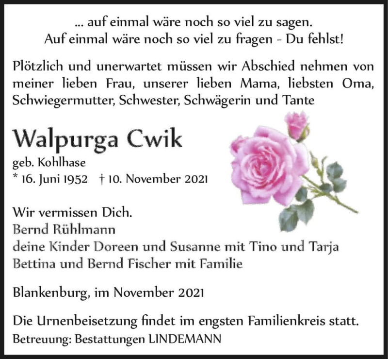 Traueranzeige für Walpurga Cwik (geb. Kohlhase)  vom 20.11.2021 aus Magdeburger Volksstimme