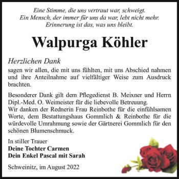 Traueranzeige von Walpurga Köhler  von Magdeburger Volksstimme