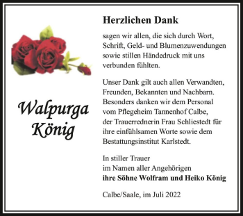 Traueranzeige von Walpurga König  von Magdeburger Volksstimme