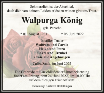 Traueranzeige von Walpurga König (geb. Parsche)  von Magdeburger Volksstimme
