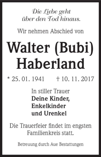 Traueranzeige von Walter (Bubi) Haberland  von Magdeburger Volksstimme