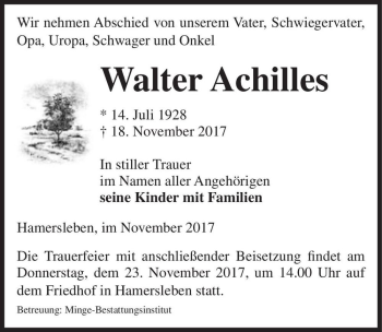 Traueranzeige von Walter Achilles  von Magdeburger Volksstimme